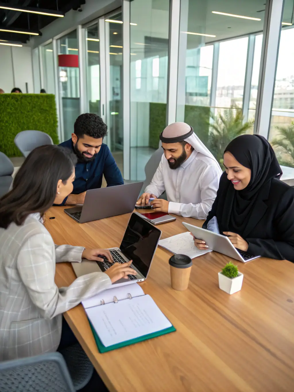 An image of a business team analyzing market data on a digital tablet with a Dubai skyline in the background, representing ForeEdge's Business Consulting & Advisory services.
