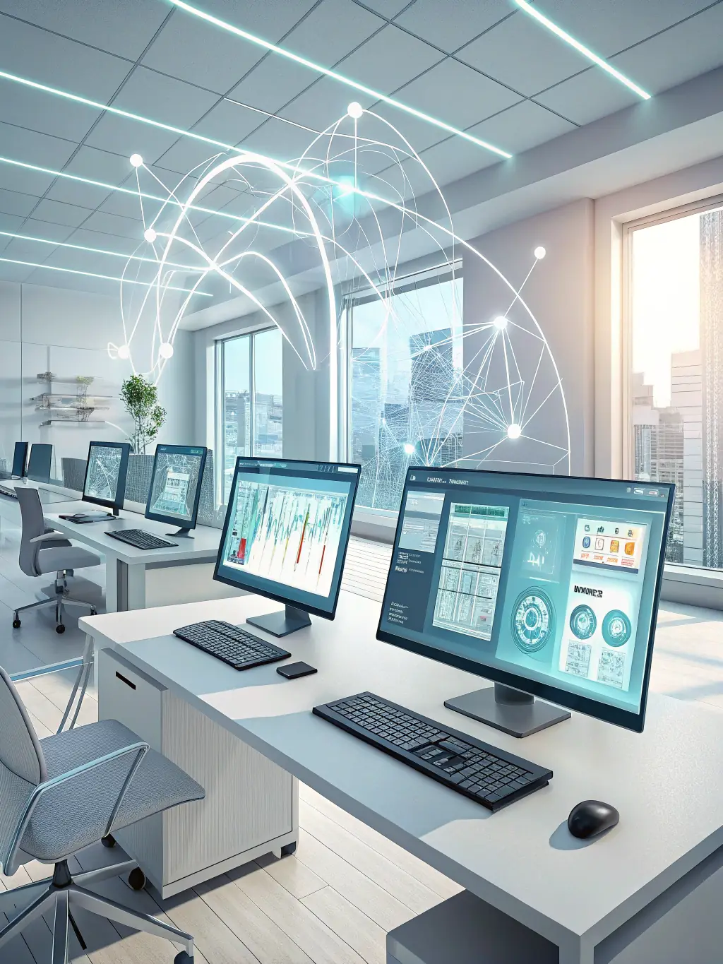 A high-tech office environment with digital interfaces and a regional map overlay, symbolizing ForeEdge's Technology-Driven Solutions.