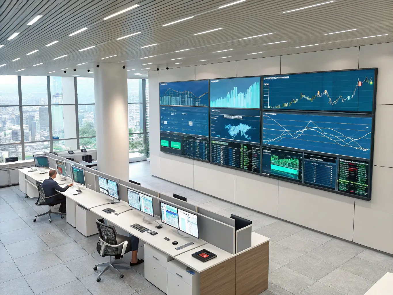 A high-tech office environment with digital interfaces and a regional map overlay, symbolizing ForeEdge's Technology-Driven Solutions.