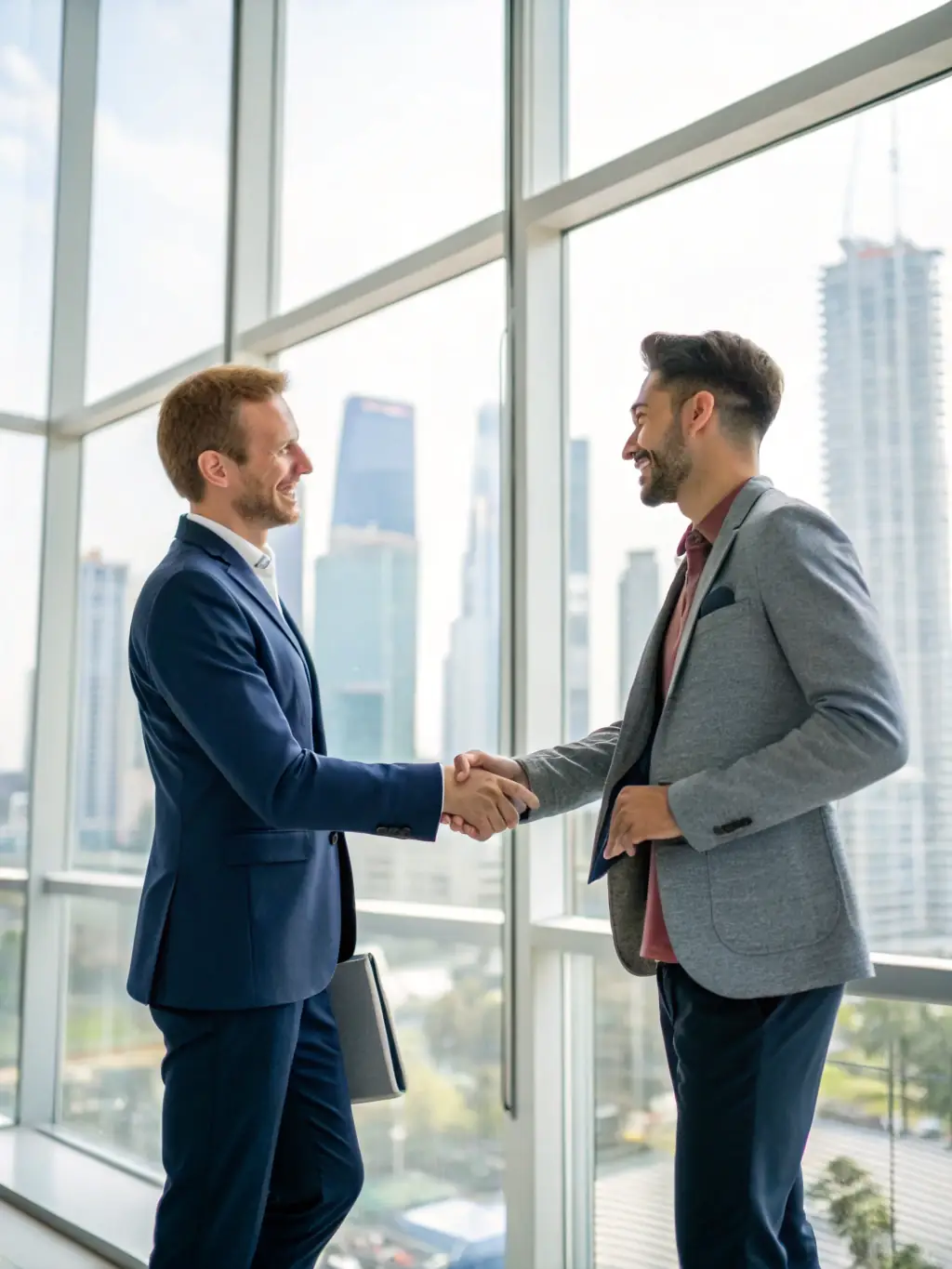 A professional handshake between a ForeEdge representative and a client with Dubai’s skyline in the background, symbolizing ForeEdge's Corporate Representation services.