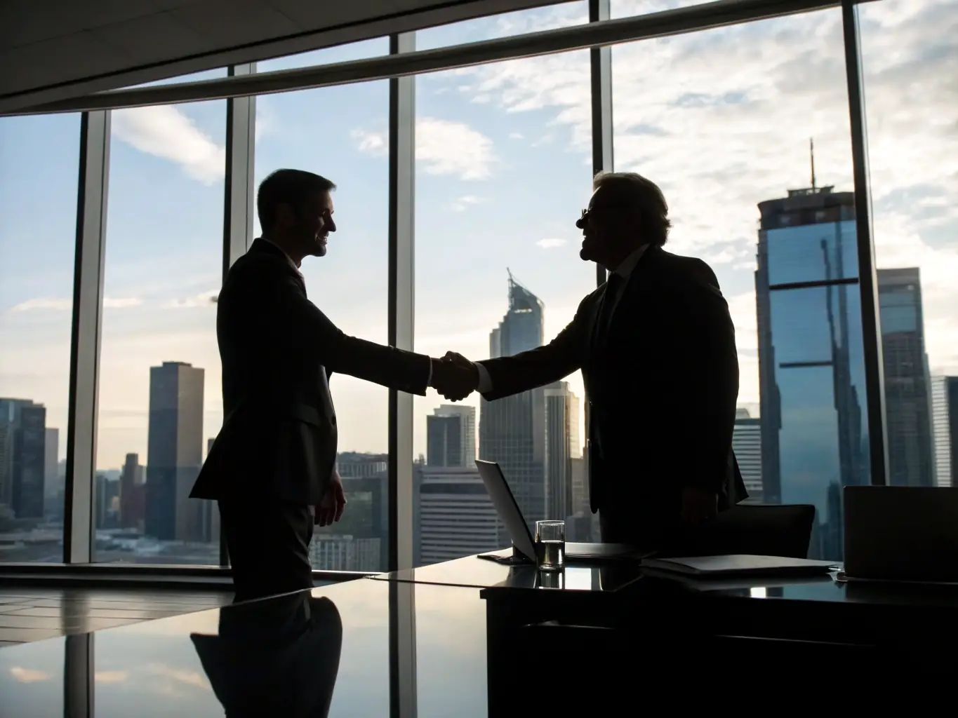 A professional handshake between a ForeEdge representative and a client with Dubai’s skyline in the background, symbolizing ForeEdge's Corporate Representation services.