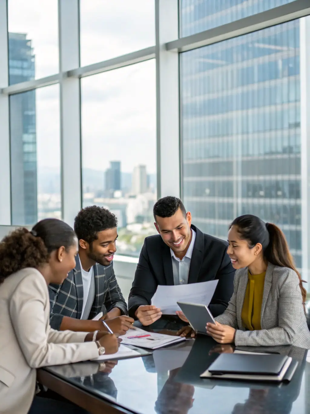 A diverse team of consultants collaborating in a modern office space, reflecting ForeEdge's collaborative approach and diverse expertise.
