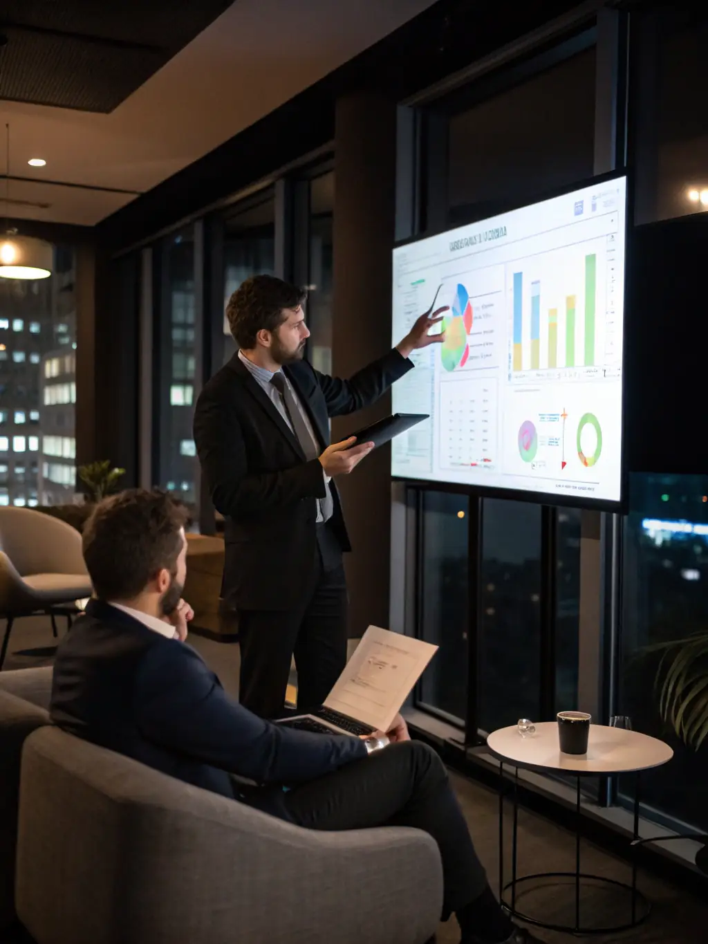 A professional consultant in a modern office setting, advising a client on market entry strategies for the Middle East, with a focus on regulatory compliance.