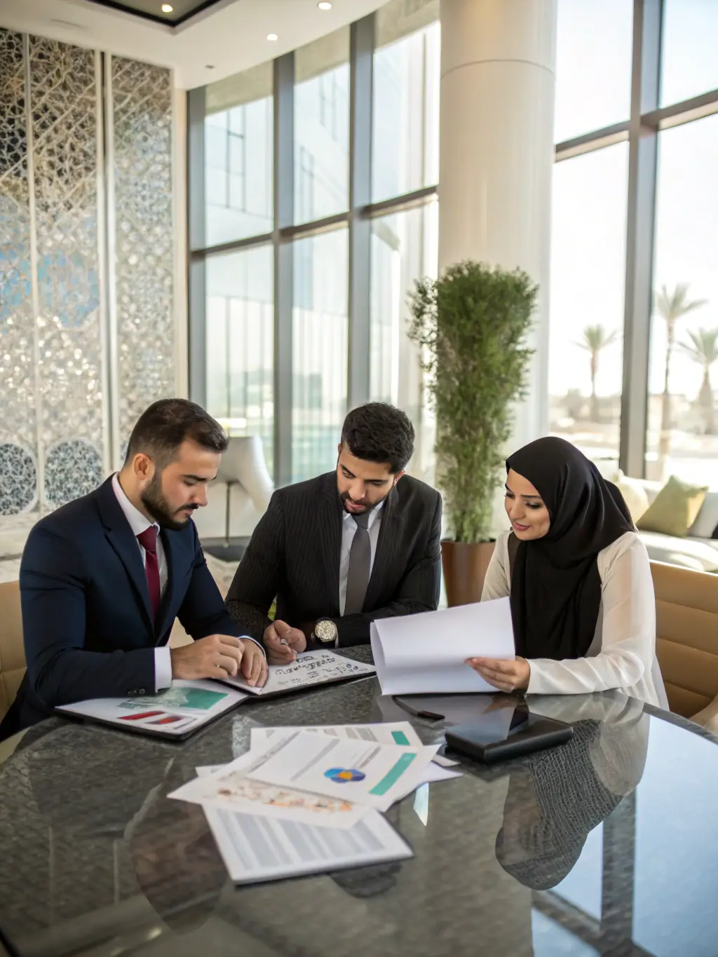 A corporate representative meeting with government officials in Dubai, discussing business registration and stakeholder engagement on behalf of a client.