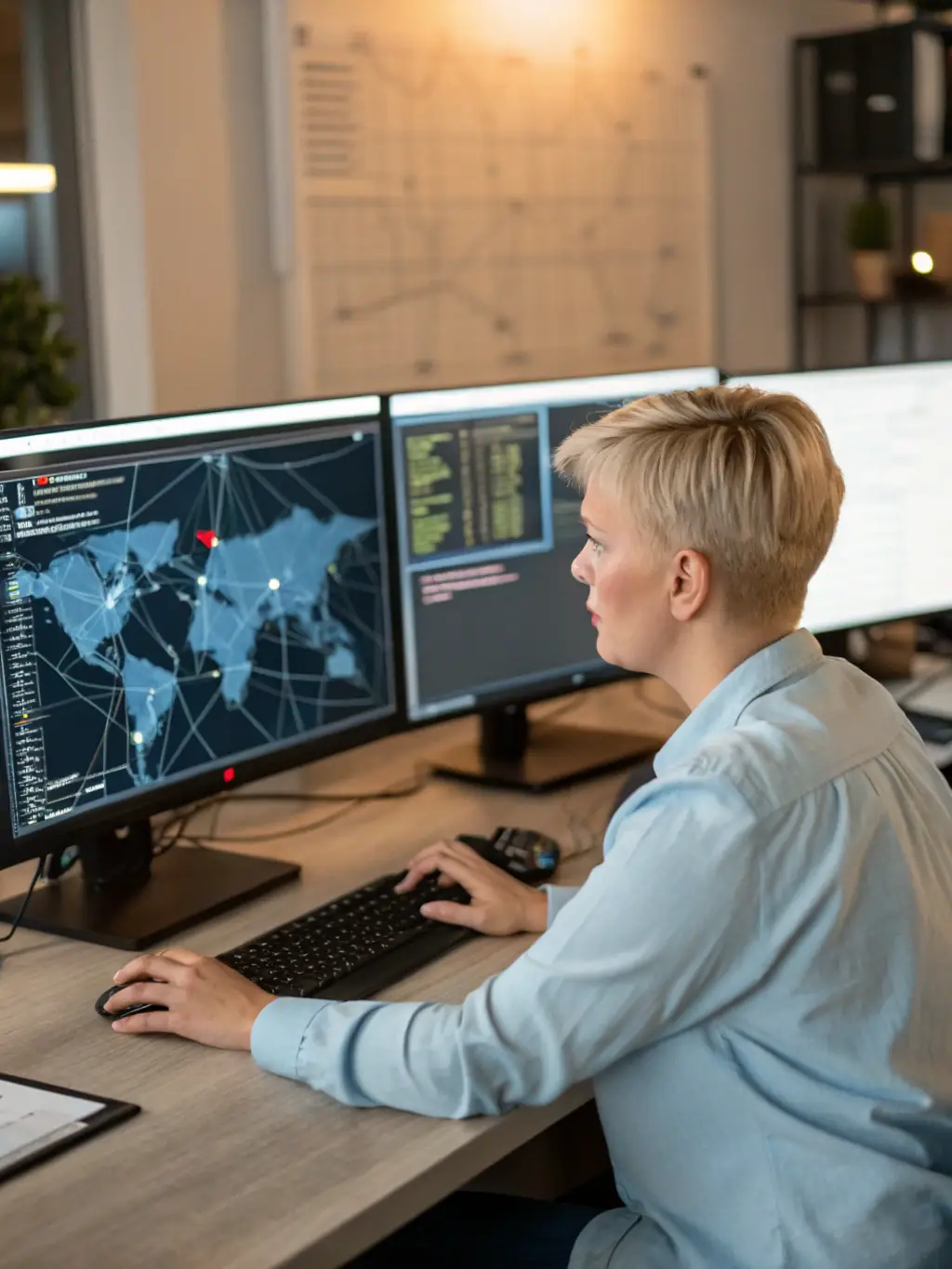 A cybersecurity expert analyzing network traffic on a computer screen, protecting a client's digital assets from cyber threats in the Middle East.