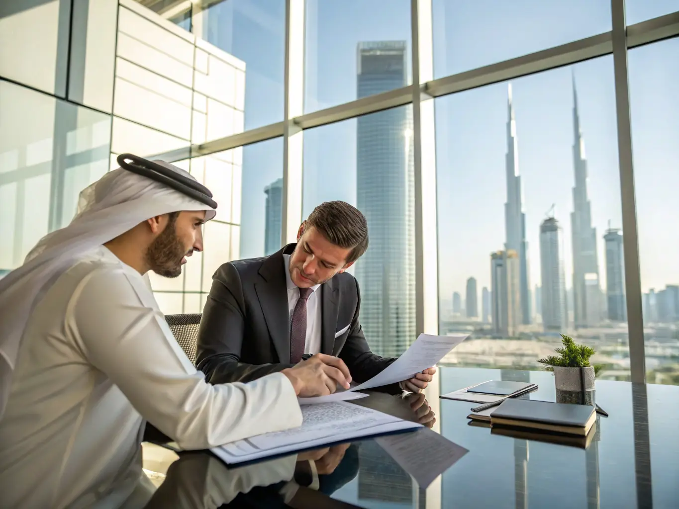 An image of a business team analyzing market data on a digital tablet with a Dubai skyline in the background, representing ForeEdge's Business Consulting & Advisory services.